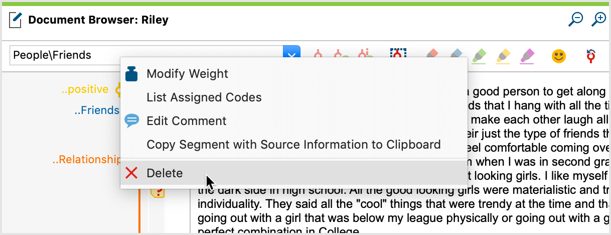 Right click on Coding Strip or Codename to delete a coding in the “Document Browser” windows Deleting a coded segment in the “Document Browser” window