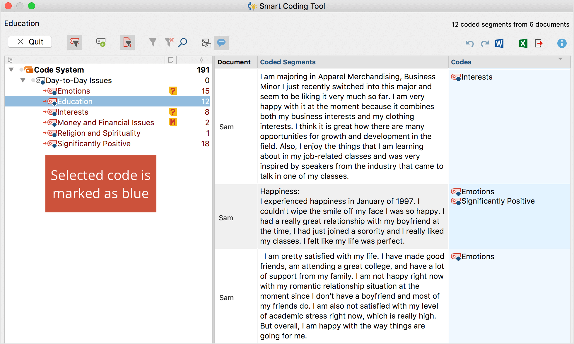 Display all codes of a coded segment