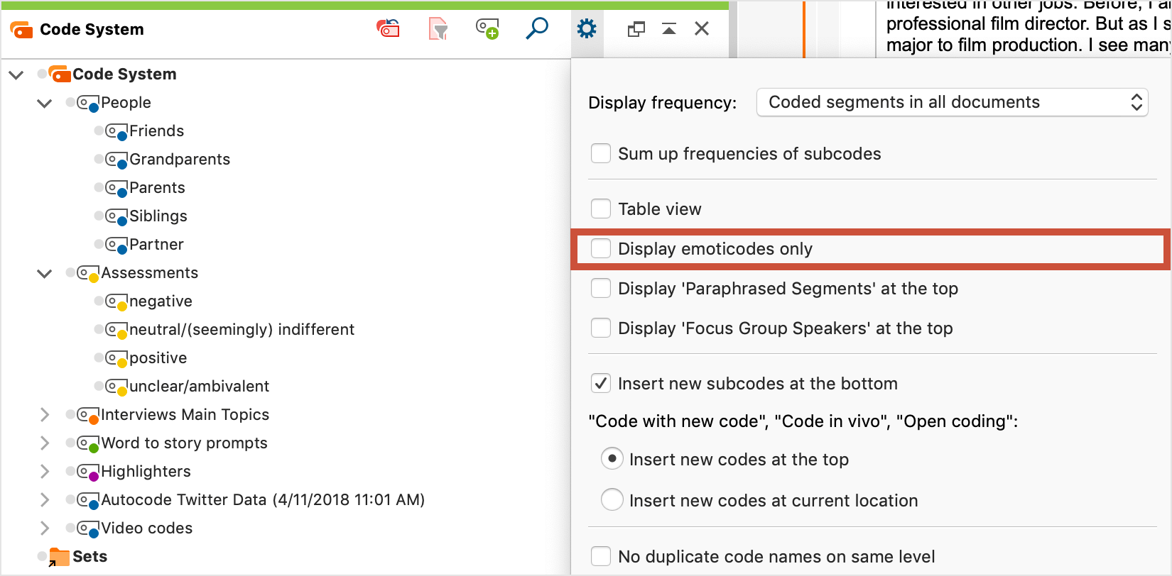 emoticode display in the “Code System”