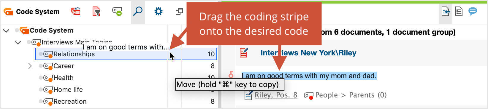 Click and drag to move the coded segment to the desired code Click and drag to move the coded segment to the desired code