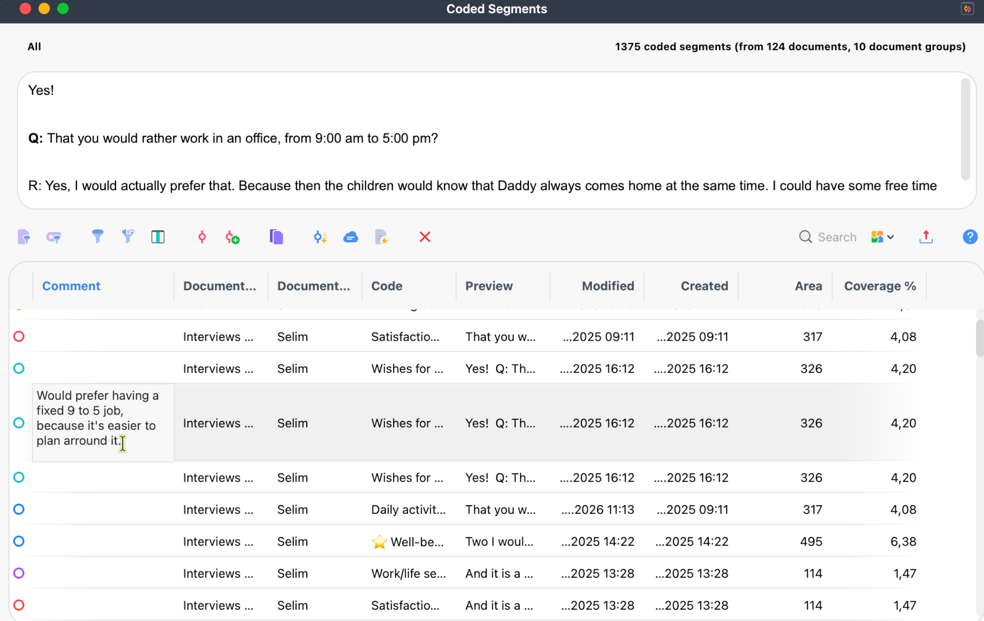 Create, edit, and search for comments in the "Overview of Coded Segments" Create, edit and search for comments in the "Overview of Coded Segments"