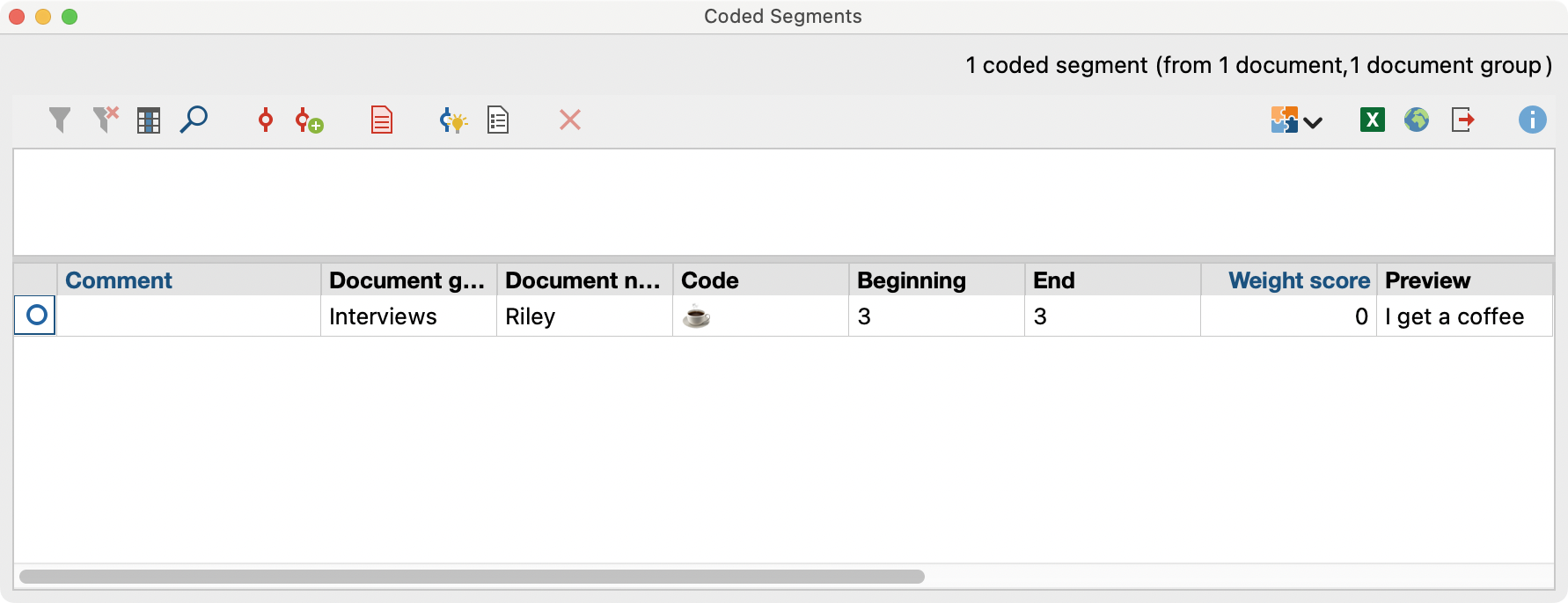 Emoticodes in the "Retrieved Segments" window and in the table overview