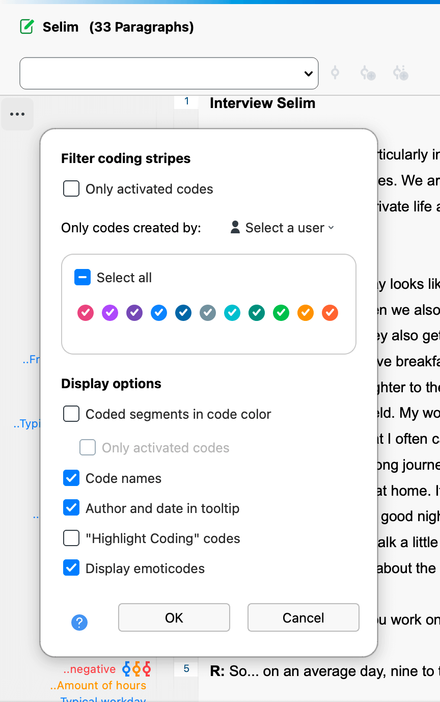Option window for the visualization of coding stripes Option window for the visualization of coding stripes