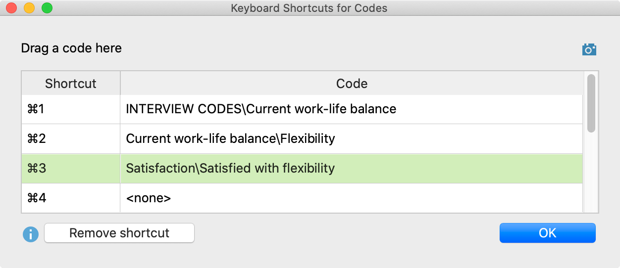 The Keyboard Shortcuts for Codes window The Keyboard Shortcuts for Codes window