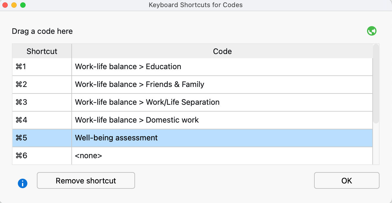 The Keyboard Shortcuts for Codes window The Keyboard Shortcuts for Codes window