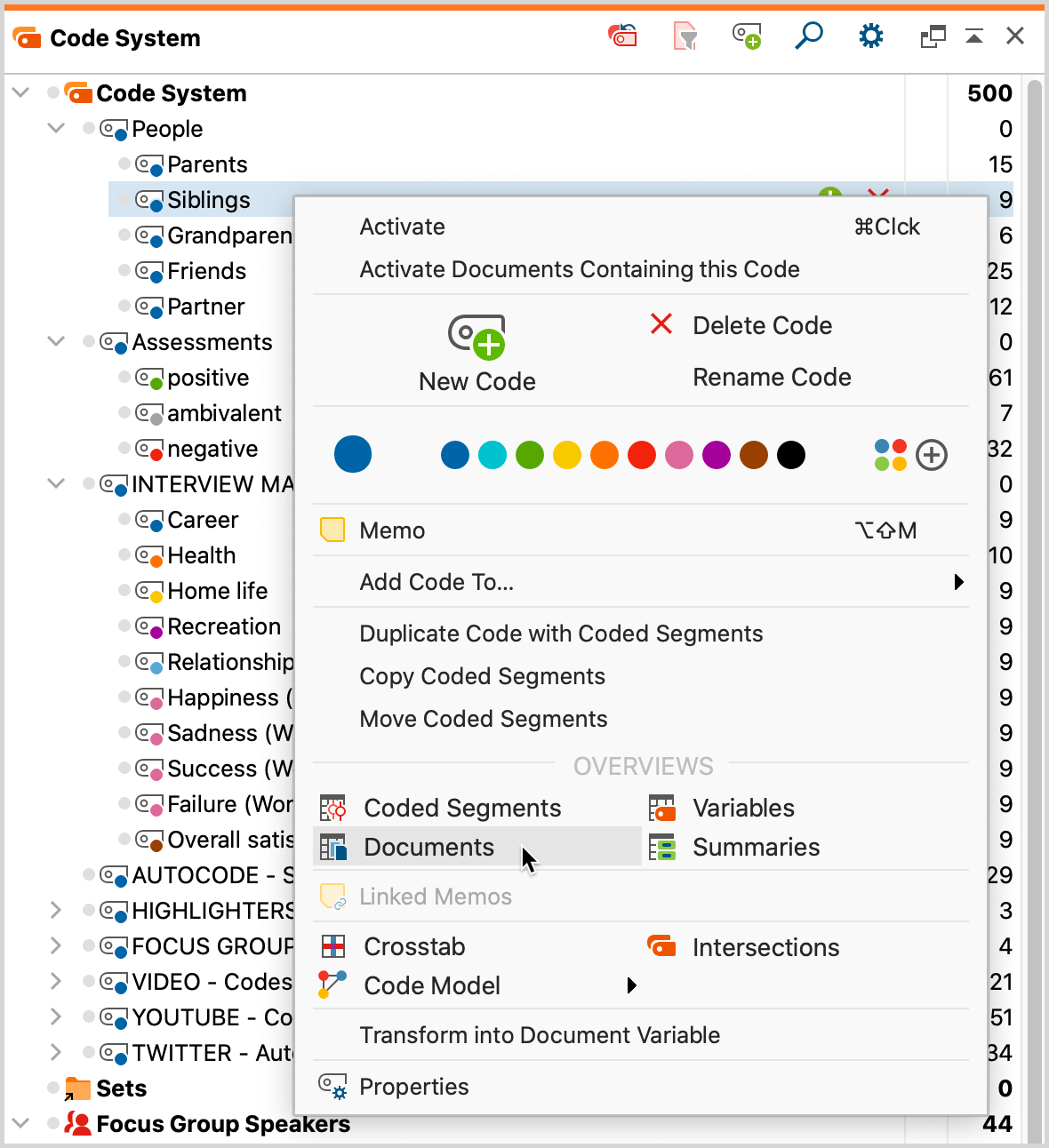 Access the “Overview of Documents“ in the context menu for a code