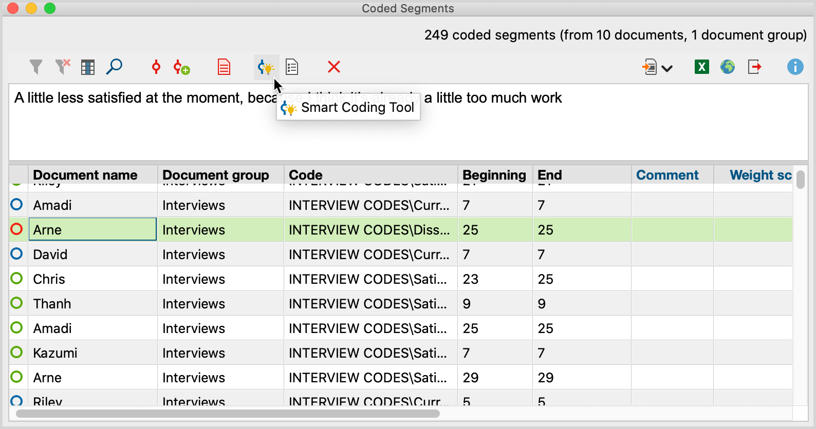Opening the Smart Coding Tool from the “Overview of Coded Segments“