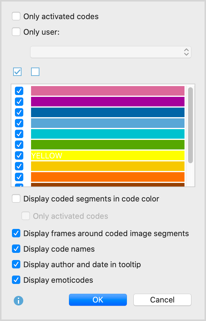 Option window for the visualization of coding stripes