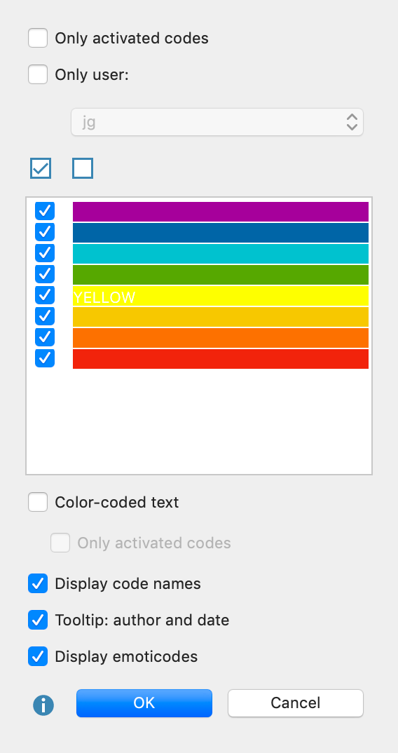 Option menu for the visualization of coding stripes