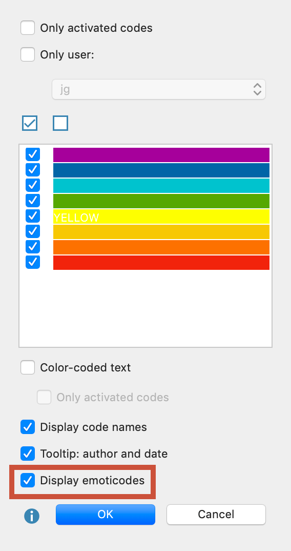 Select “Display emoticodes” to emoticodes on the coding stripe