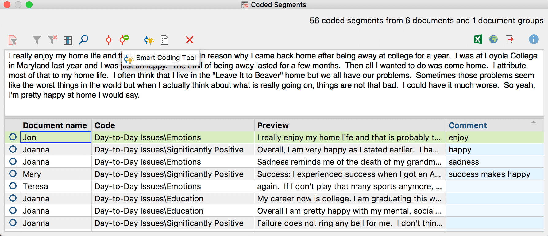 Opening the Smart Coding Tool from the 'Overview of retrieved segments'