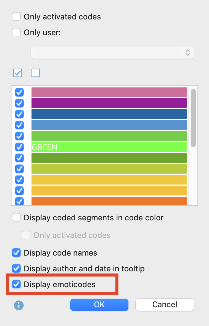 Select “Display emoticodes” to emoticodes on the coding stripe