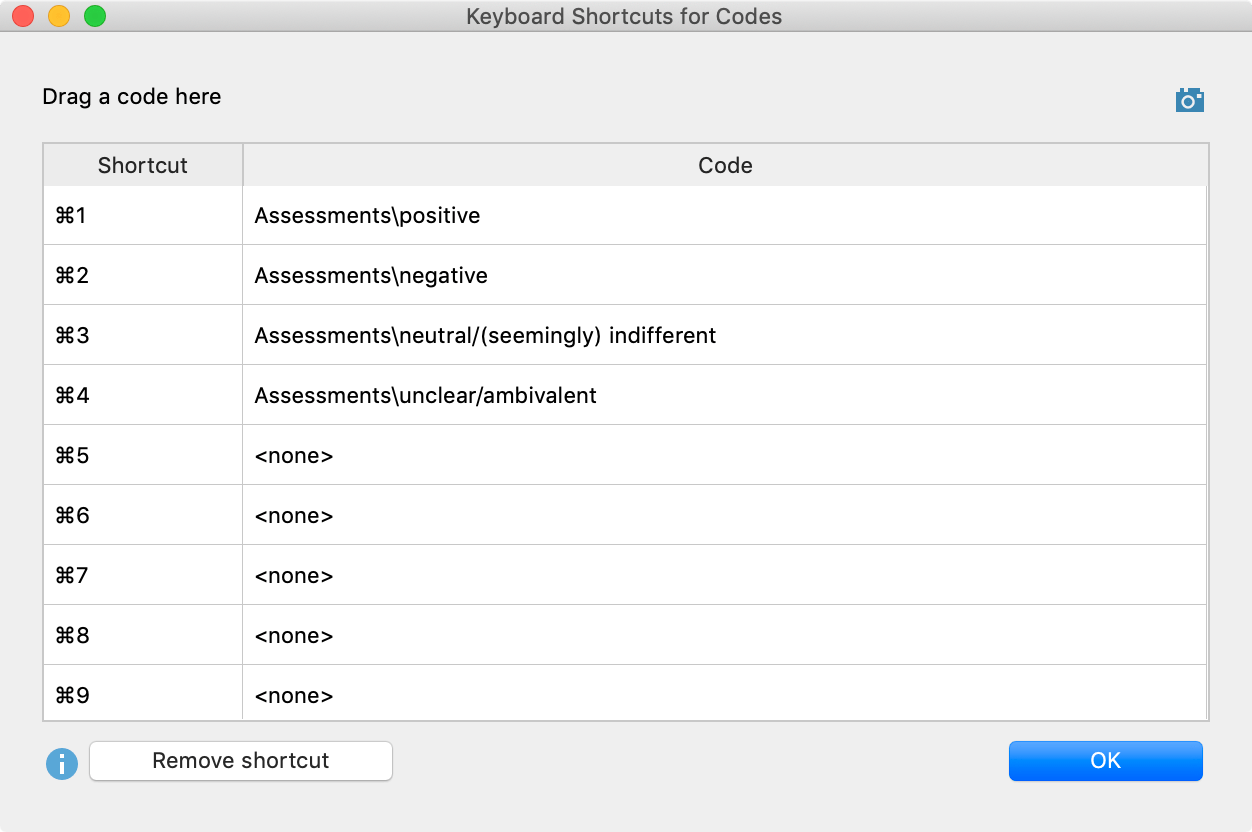 The Keyboard shortcuts for codes window The Keyboard shortcuts for codes window