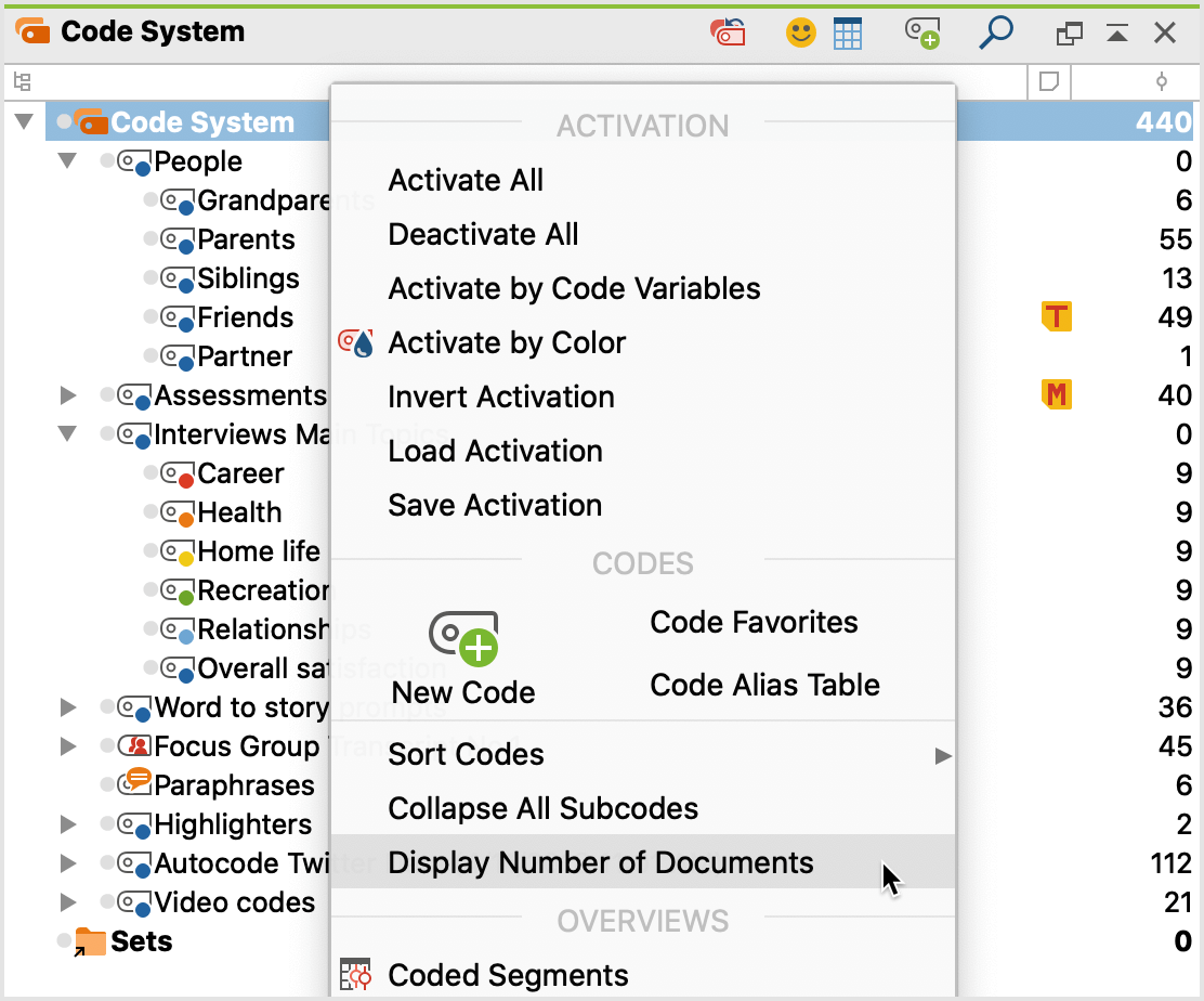 Switch display to number of coded documents