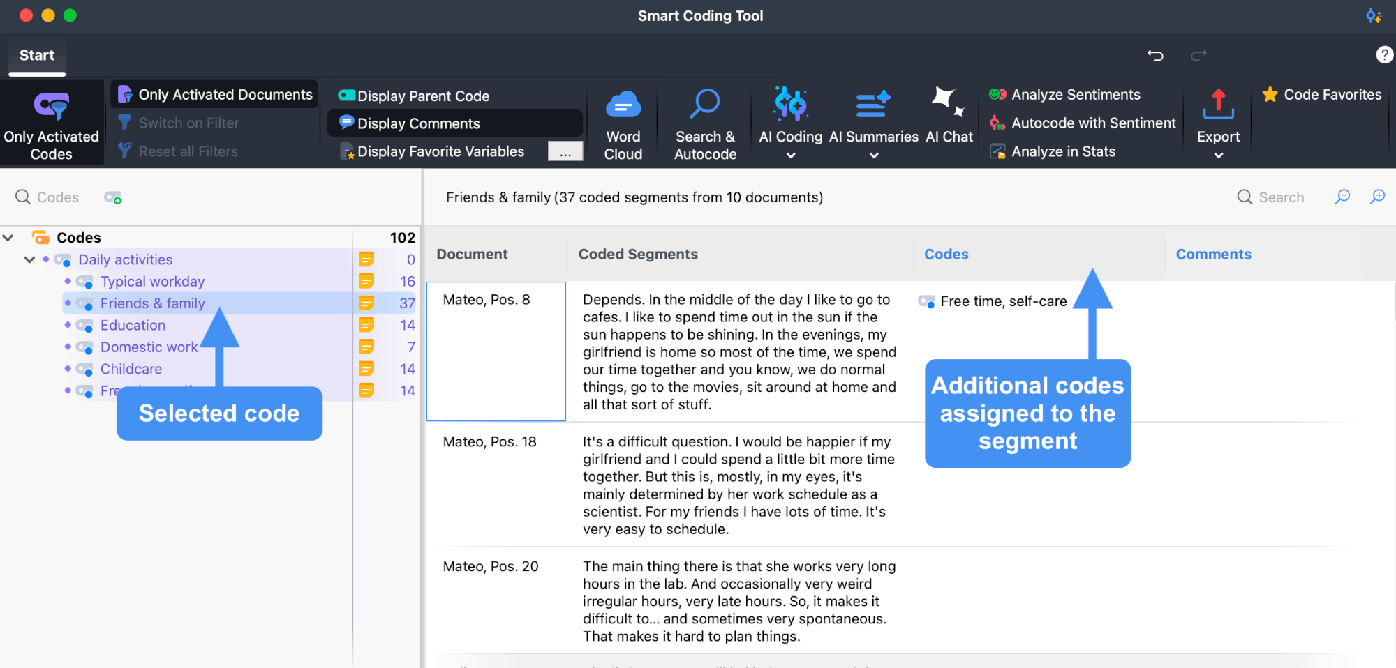 The Smart Coding Tool workspace, with annotations pointing to the selected code on the left and the Codes column on the right