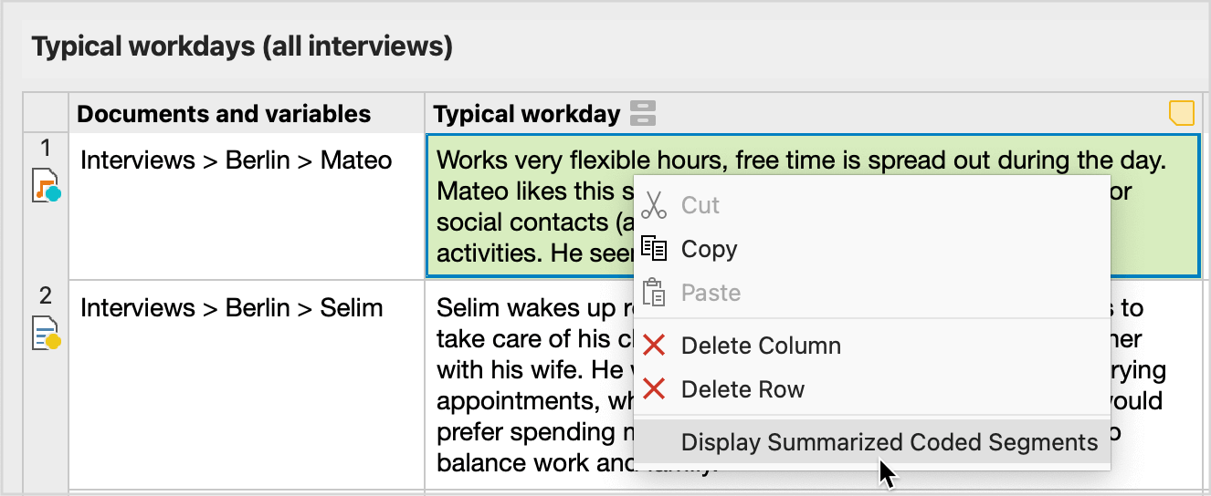 Interactive cells in the Summary Table