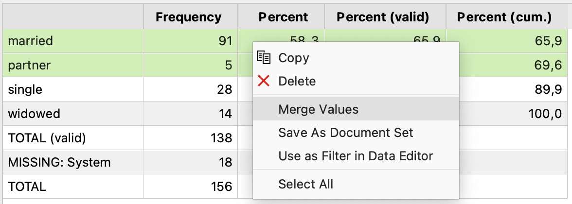 Merge multiple values using the context menu