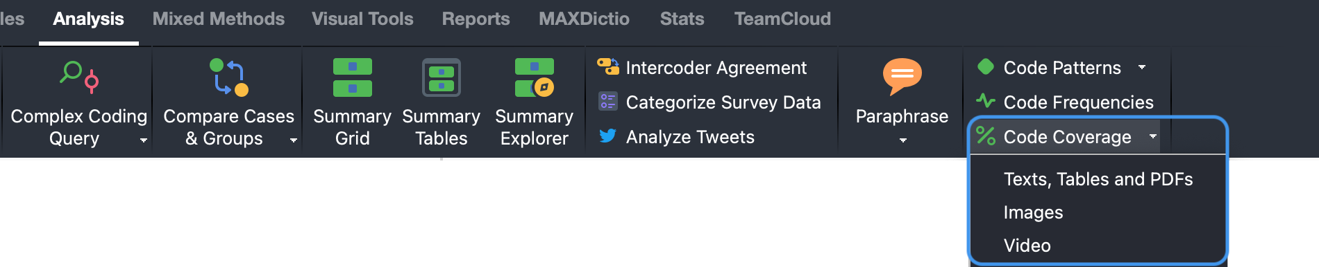 Select the “Code coverage“ function in the Analysis tab Select the “Code coverage“ function in the Analysis tab