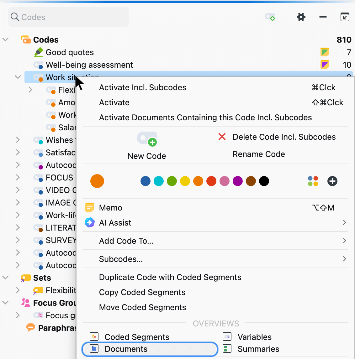 Access the “Overview of Documents“ in the context menu for a code Access the “Overview of Documents“ in the context menu for a code