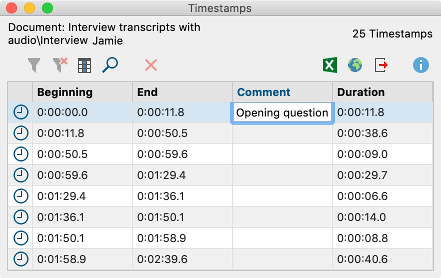 The “Overview of Timestamps” lists all the timestamps in a transcript The “Overview of Timestamps” lists all the timestamps in a transcript