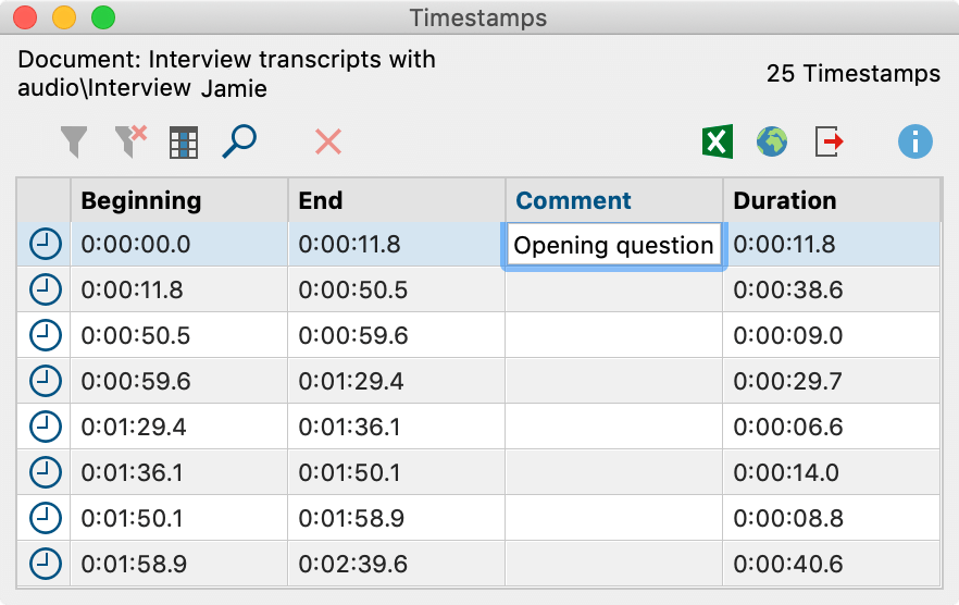 The Overview of Timestamps lists all the timestamps in the transcript