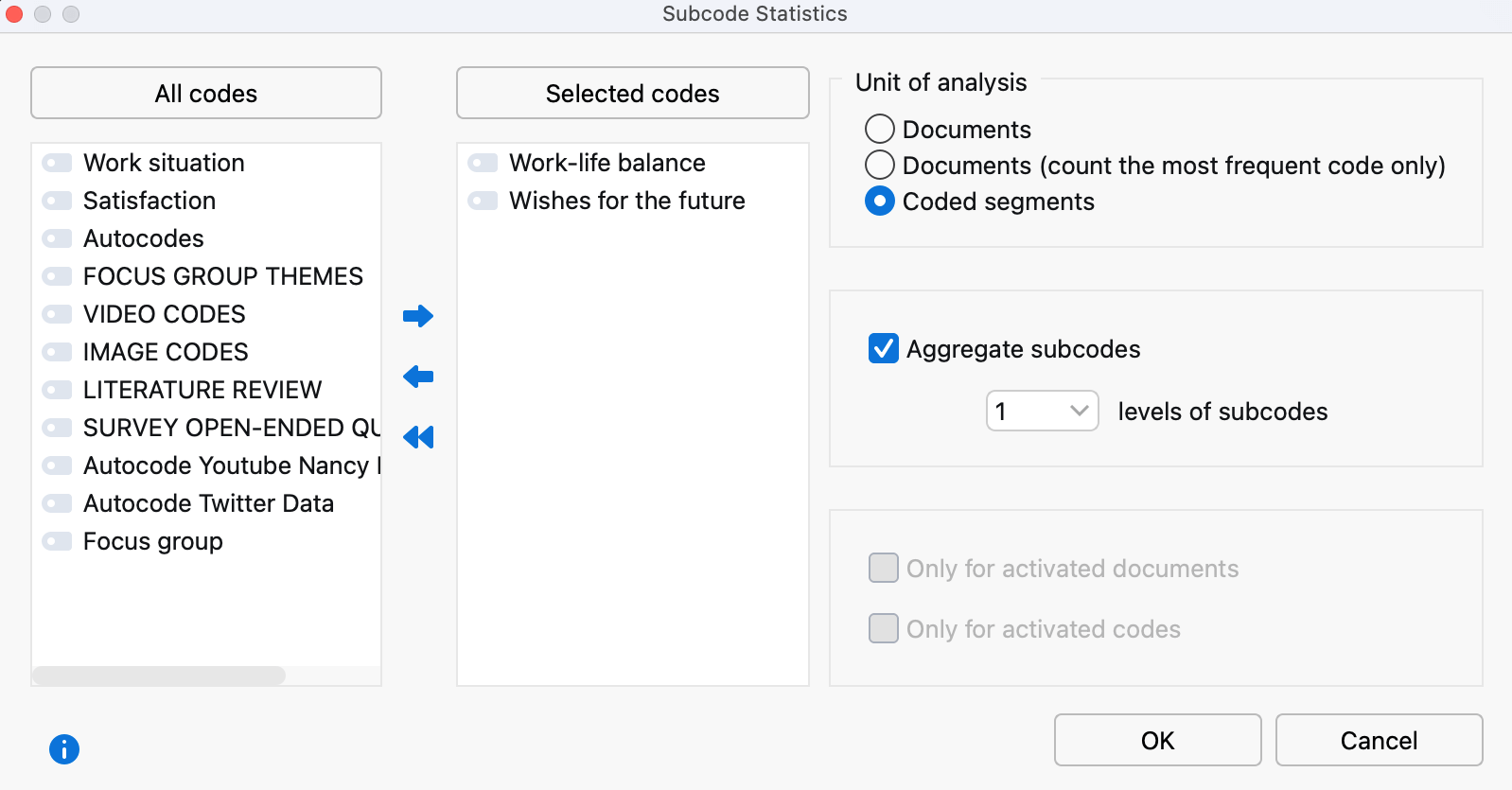 Options window for subcode statistics Options window for subcode statistics