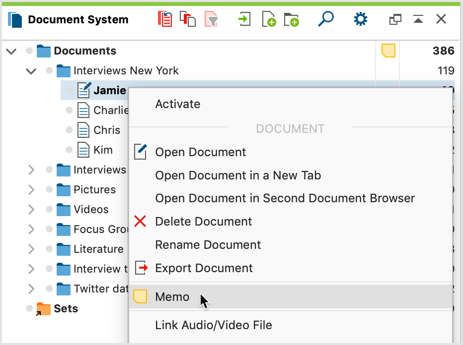 Creating a memo for a document from the context menu