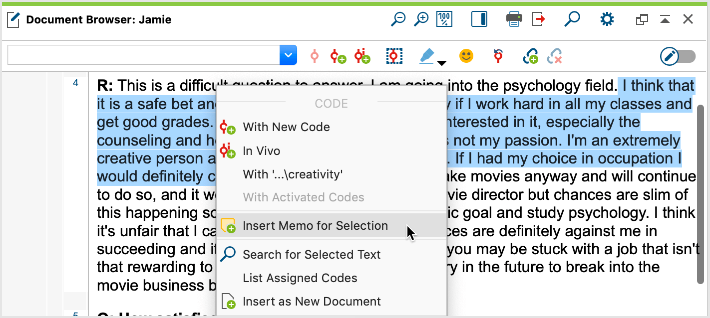 Insert memo for selected text segment Insert memo for selected text segment