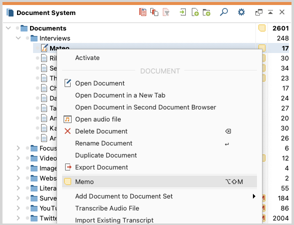 Creating a memo for a document from the context menu Creating a memo for a document from the context menu