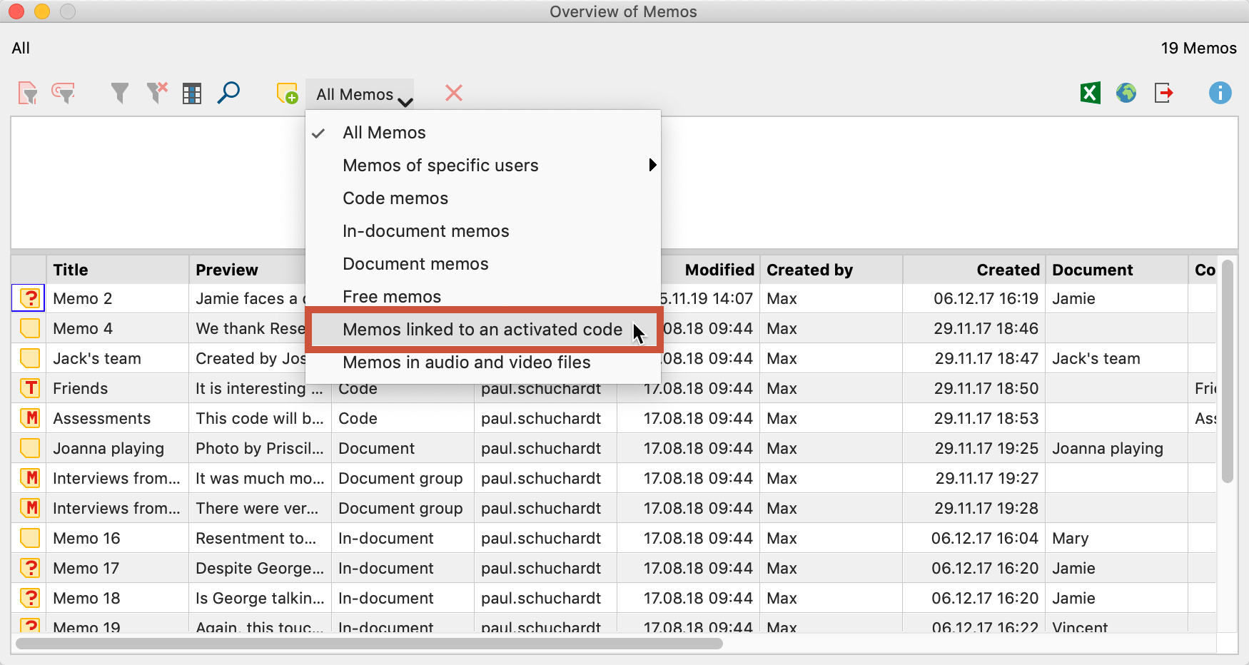 Activated memos in the Overview of memos Activated memos in the Overview of memos