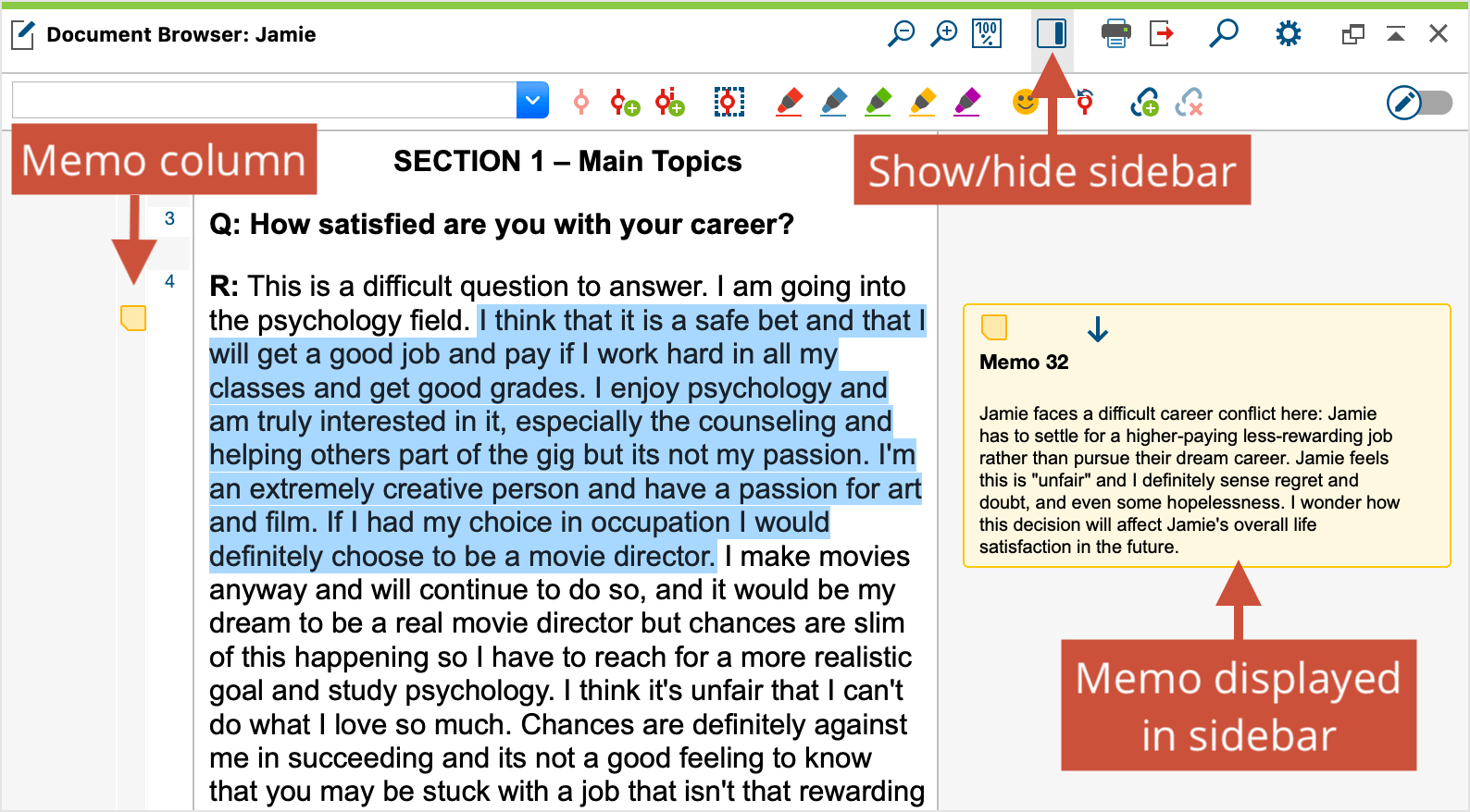 Memo icon in the memo column (left) and display of the memo in the sidebar (right) Memo icon in the memo column (left) and display of the memo in the sidebar (right)