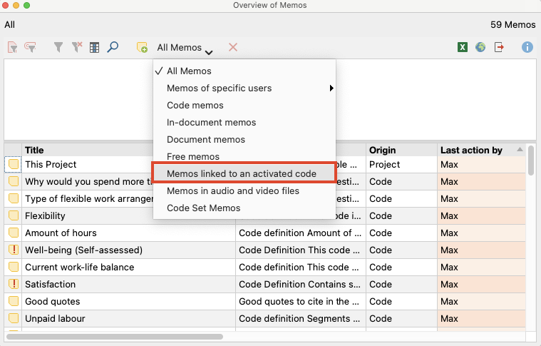 Memos of activated codes in the “Overview of Memos” Memos of activated codes in the “Overview of Memos”