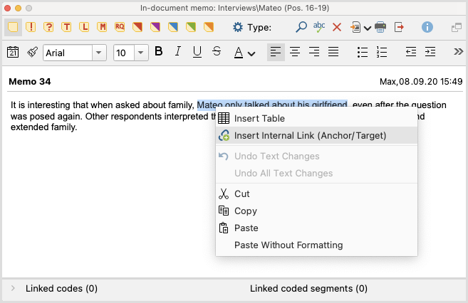 Inserting an internal link in a memo Inserting an internal link in a memo