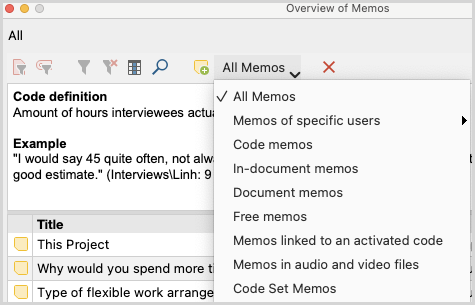 Predefined filters in the “Overview of Memos”