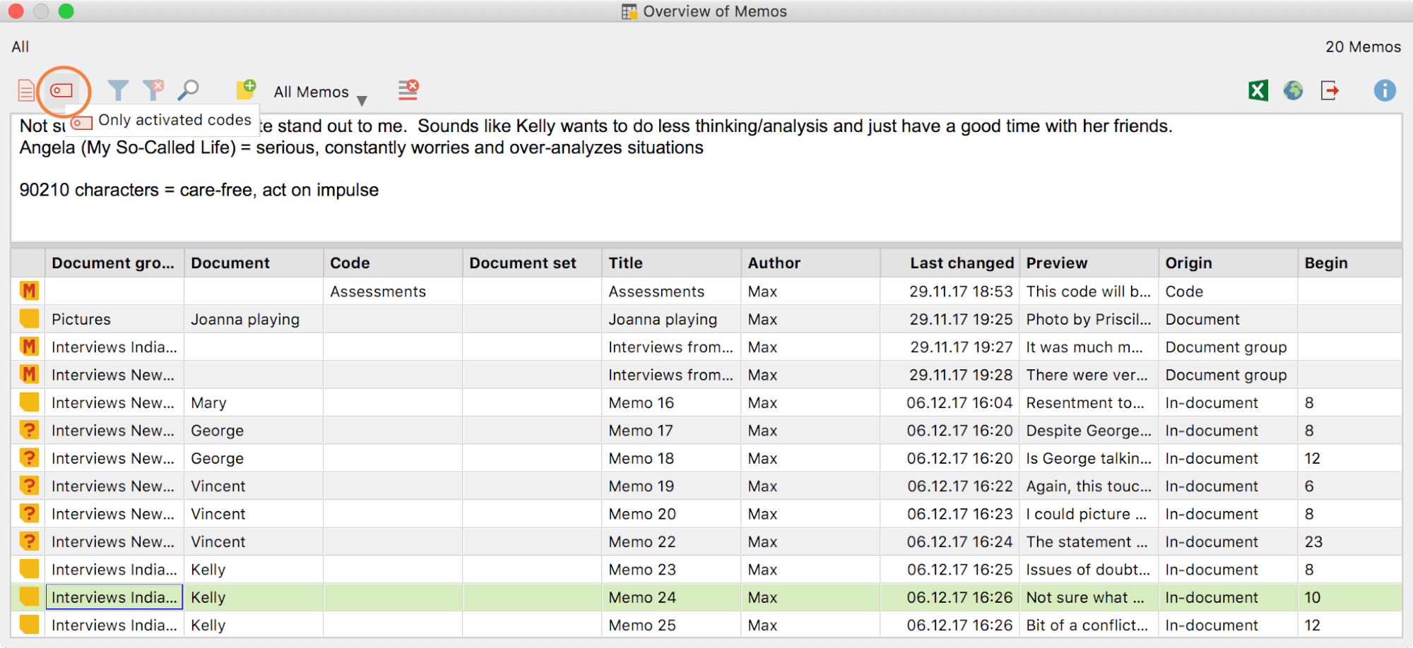 Activated memos in the Overview of memos Activated memos in the Overview of memos