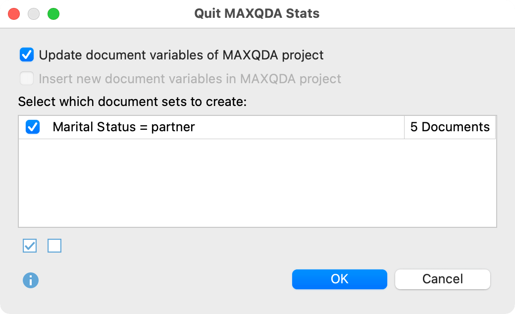 Select document sets upon exiting MAXQDA Stats