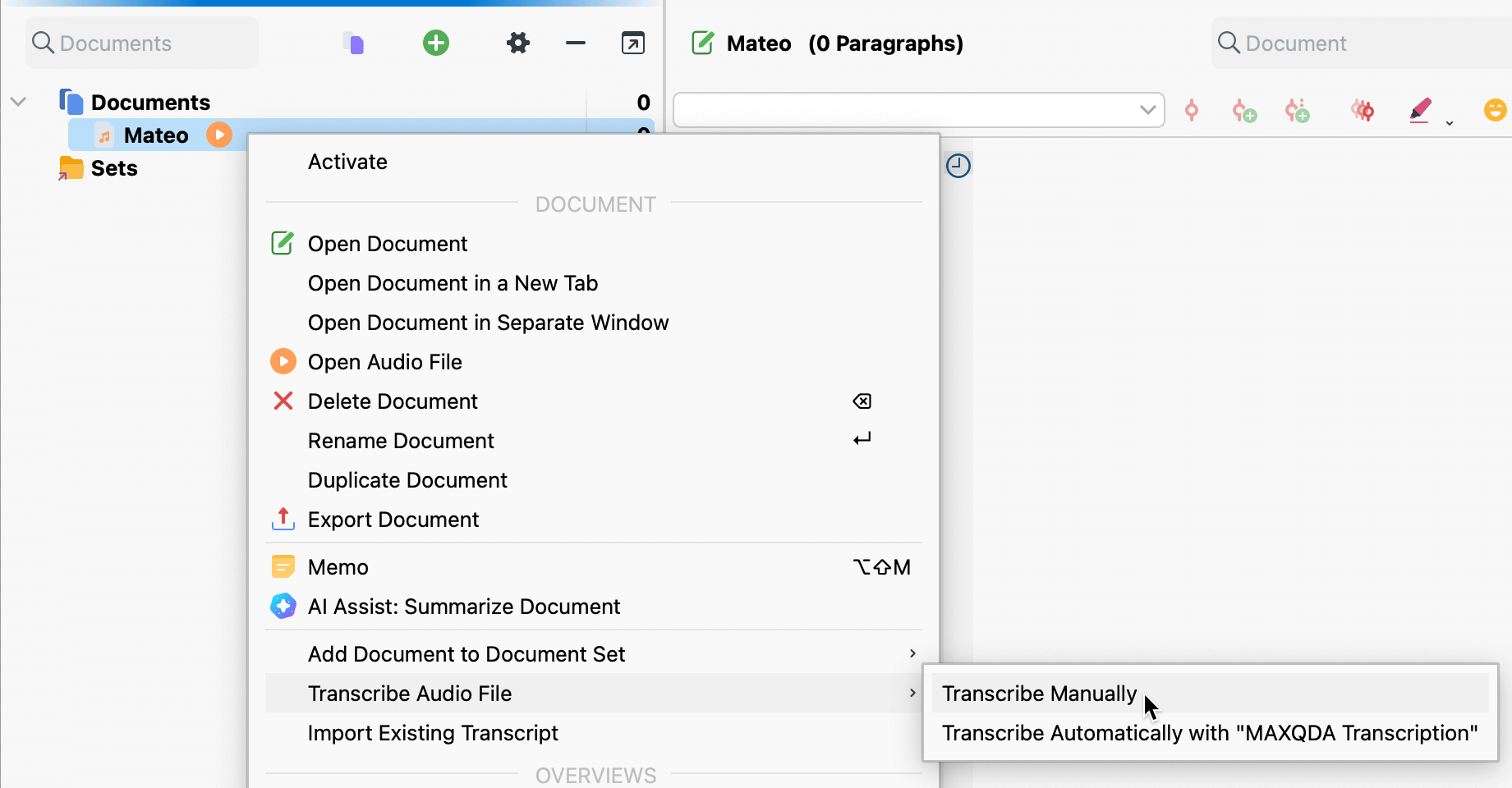 Start manual transcription by right-clicking a document Start manual transcription by right-clicking a document