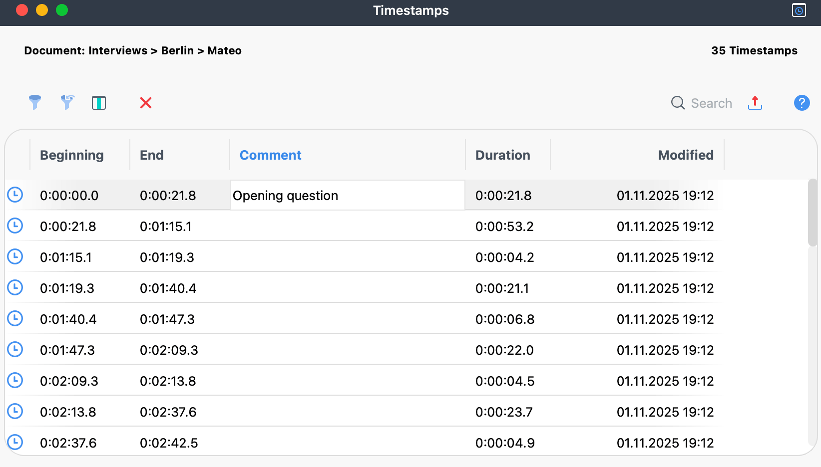 The Overview of Timestamps with start, end, comment, and duration of each segment