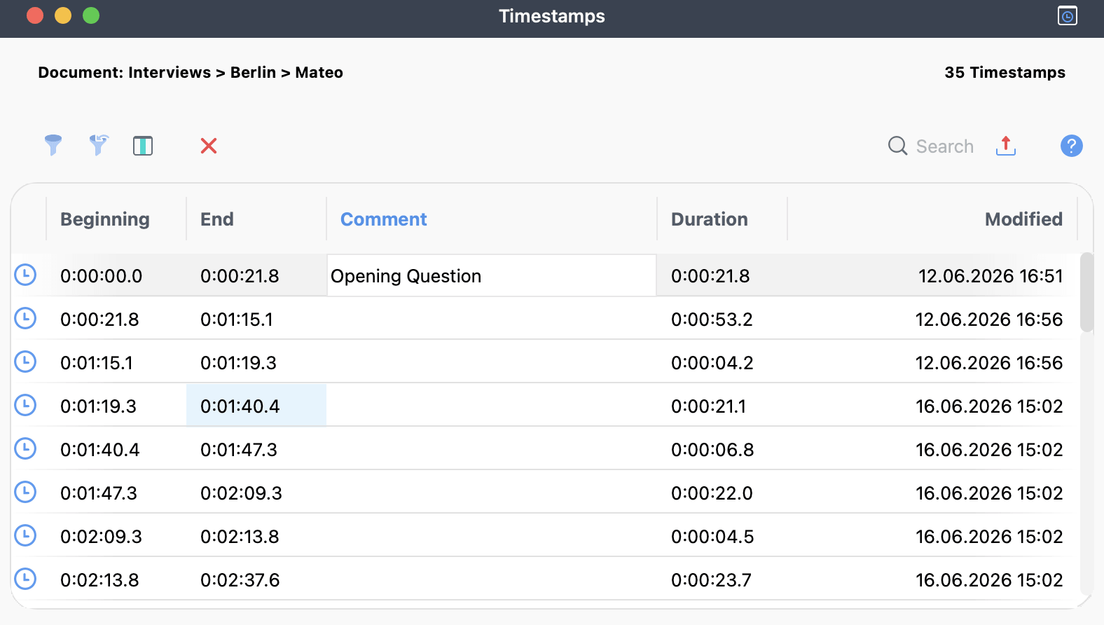 The Overview of Timestamps lists all timestamps in a transcript Screenshot of the Overview of Timestamps listing all timestamps in a transcript