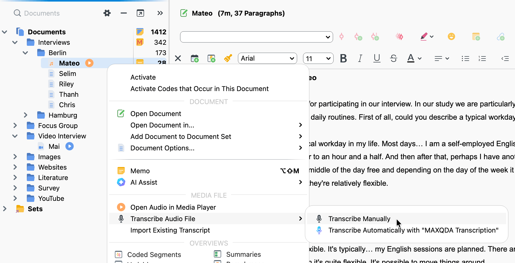 Right-click context menu in the documents window showing Media File section with Transcribe Audio File and Transcribe Manually options