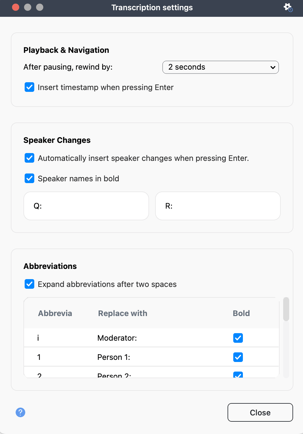 Transcription Settings dialog showing the Playback and Navigation, Speaker Changes, and Abbreviations sections