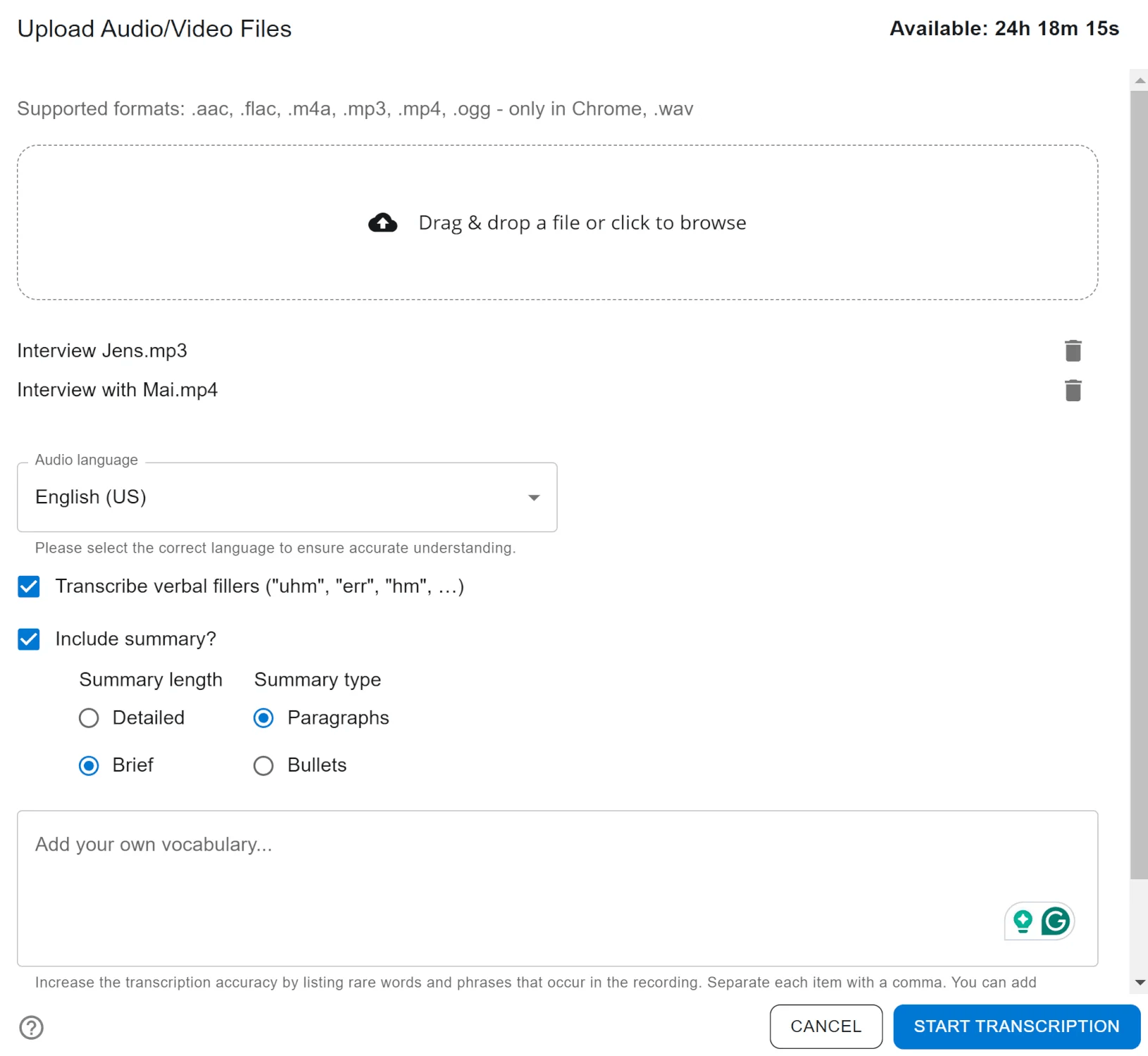 Set options for automatic transcription Set options for automatic transcription