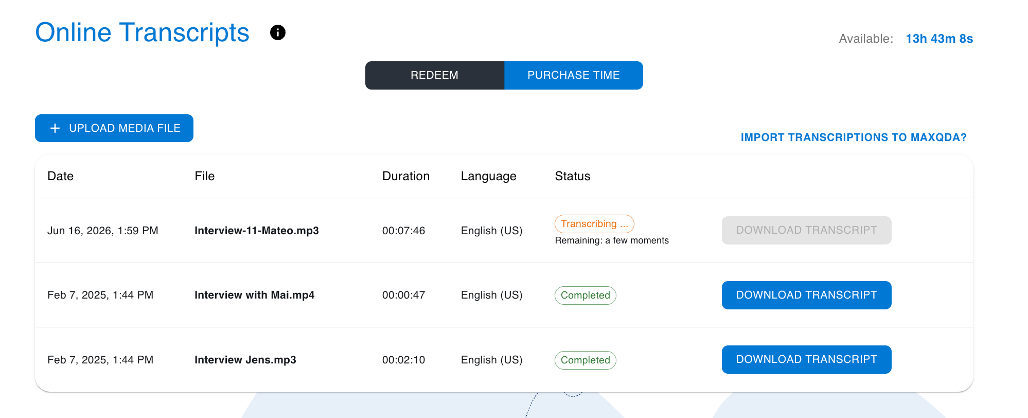 Screenshot of transcription jobs with the Status column highlighted