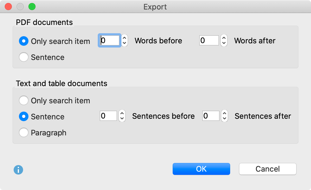 Search results export settings