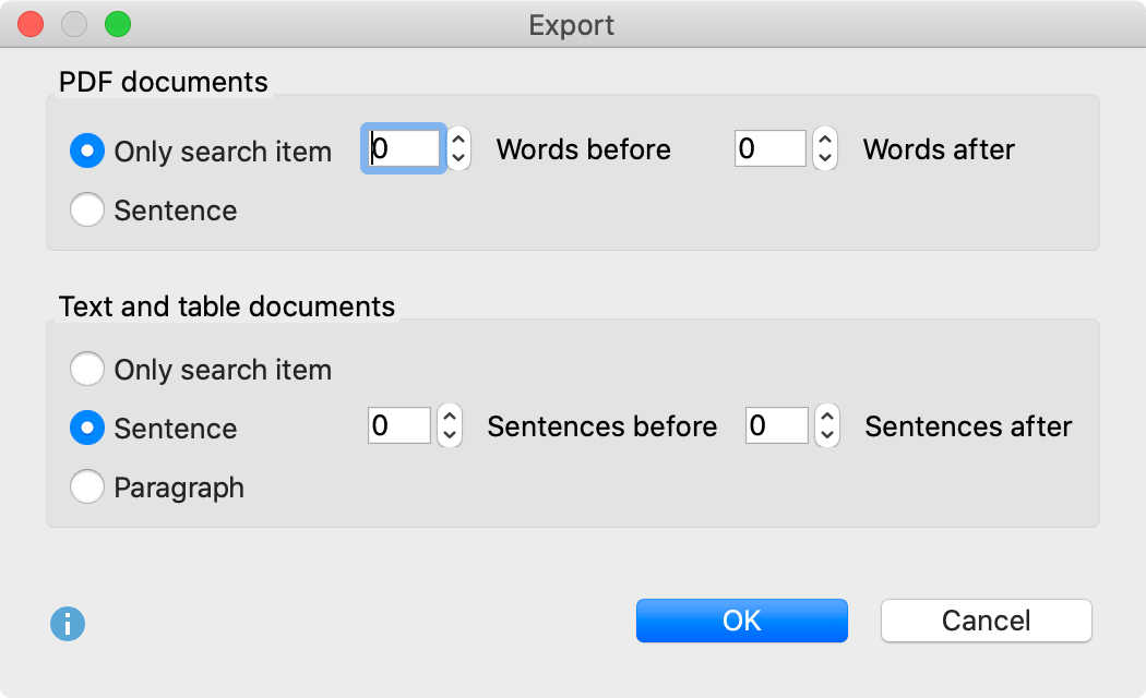 Options for search results export Search results export settings