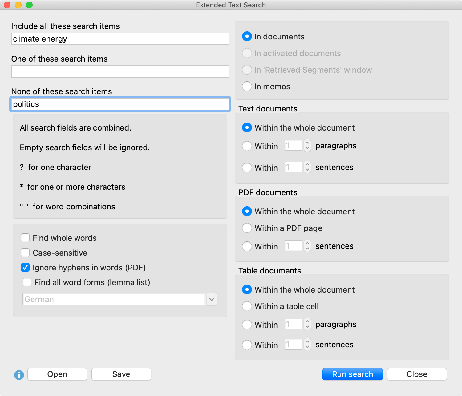 Extended Text Search dialog box Extended Text Search dialog box