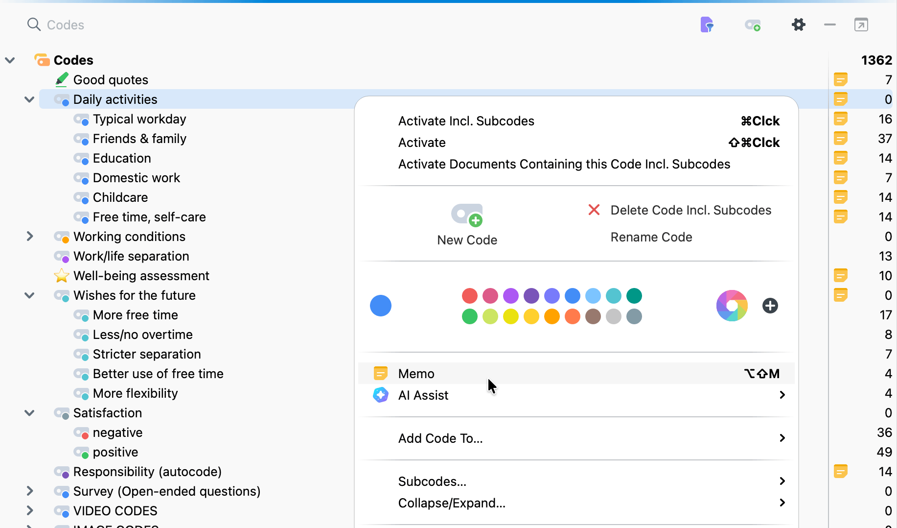 Screenshot of the Codes window showing how to create a code memo using the right-click menu.
