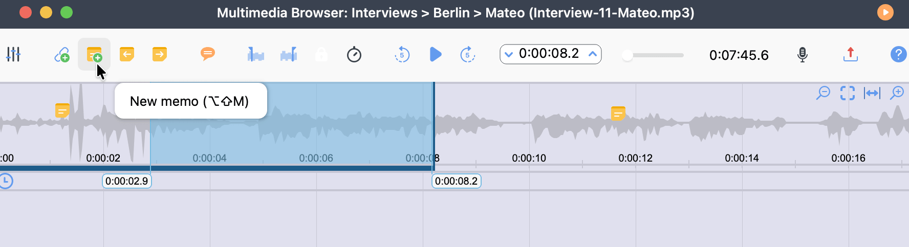 Screenshot of the 'Multimedia Browser' showing an in-media memo attached to a position in the waveform
