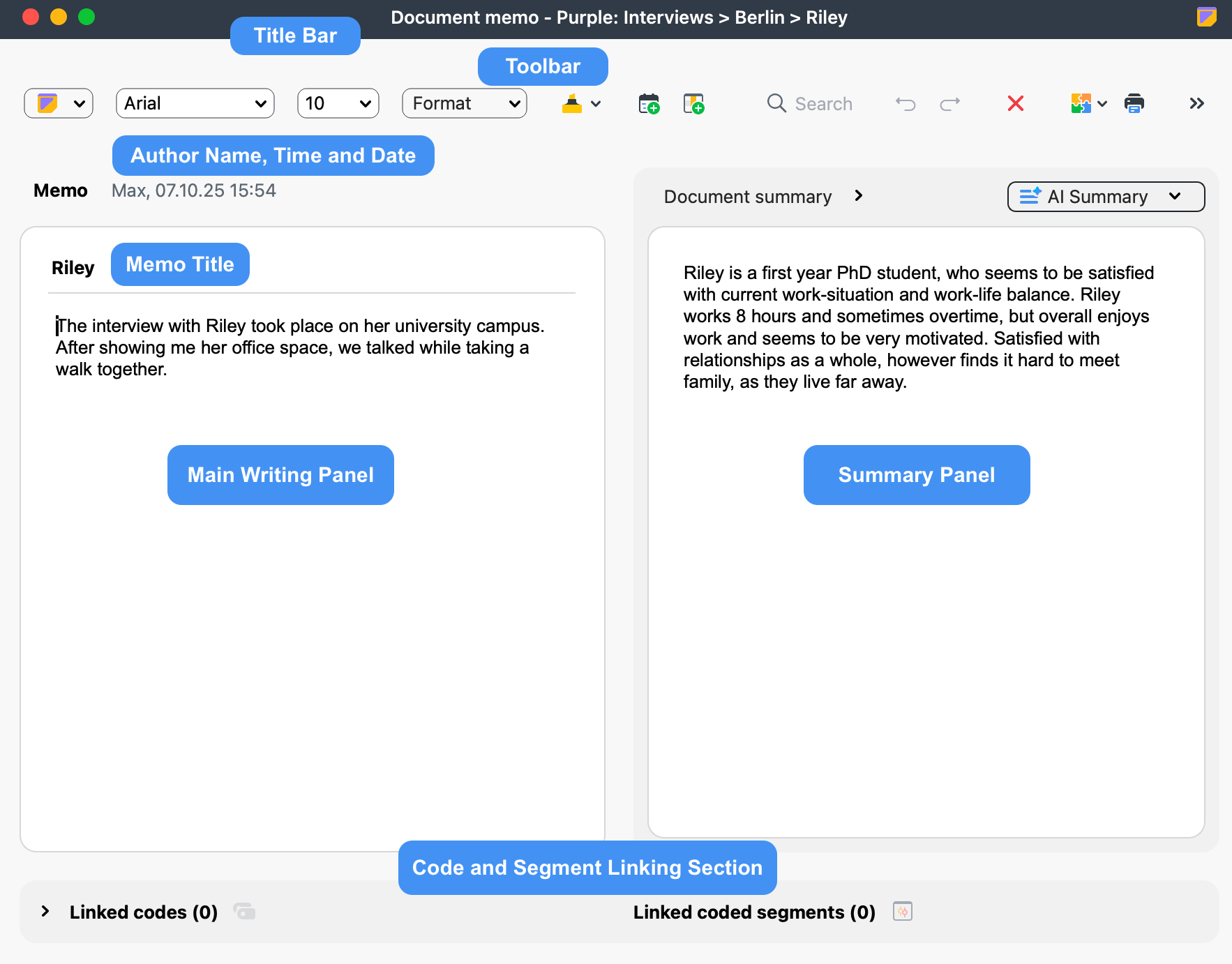 The memo window showing the title bar, title field, author and timestamp, memo text area, and summary panel