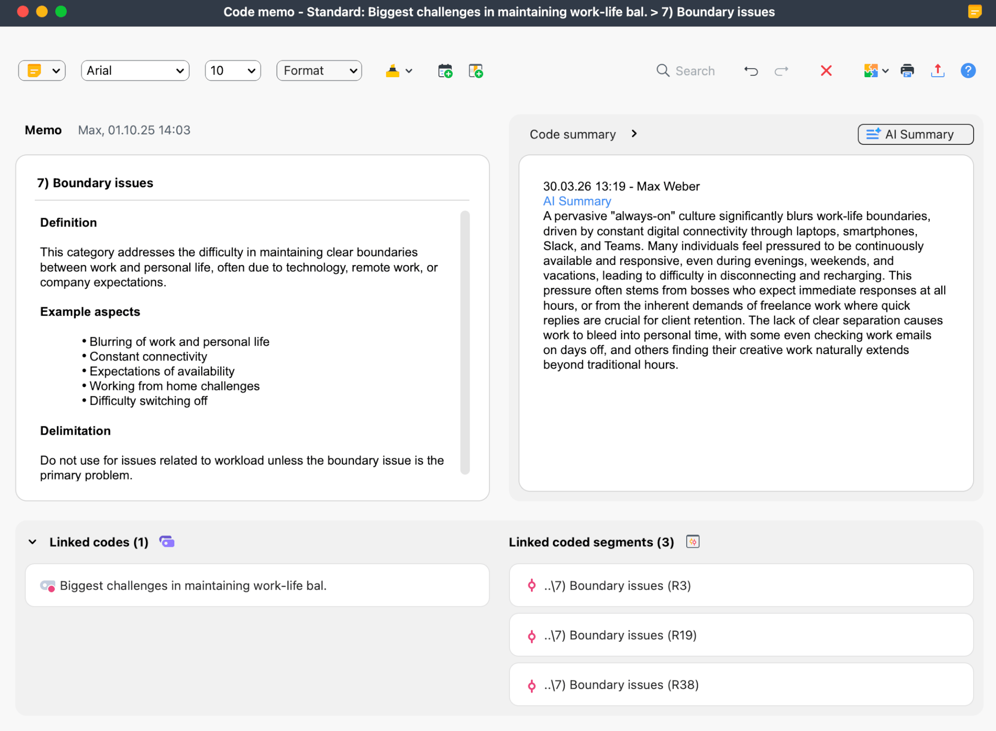 Example of a code memo in MAXQDA showing a definition, example aspects, and linked coded segments for a category on boundary issues in work-life balance